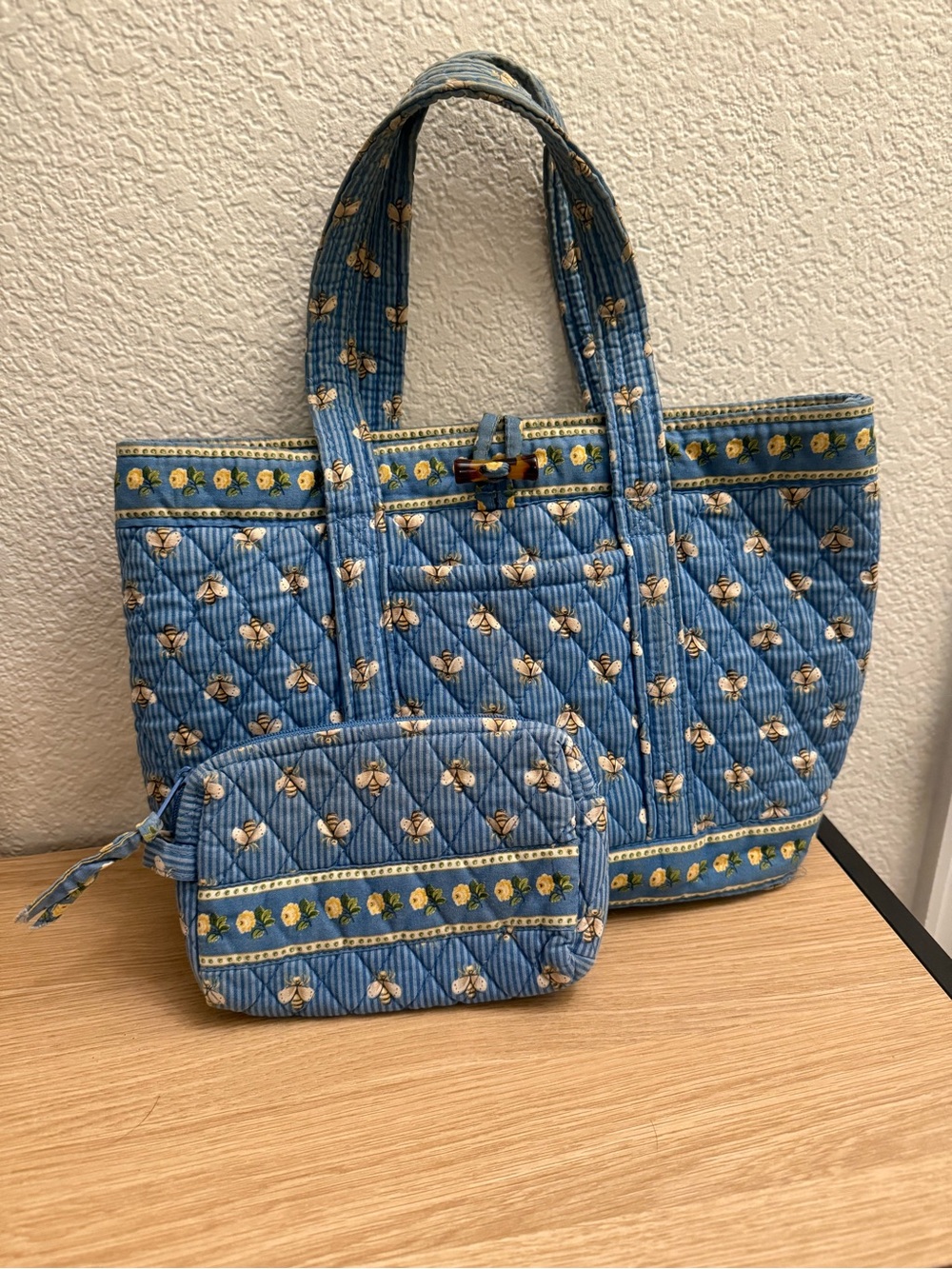 Vintage Vera Bradley Toggle Tote and Makeup Pouch Set in Bees Blue